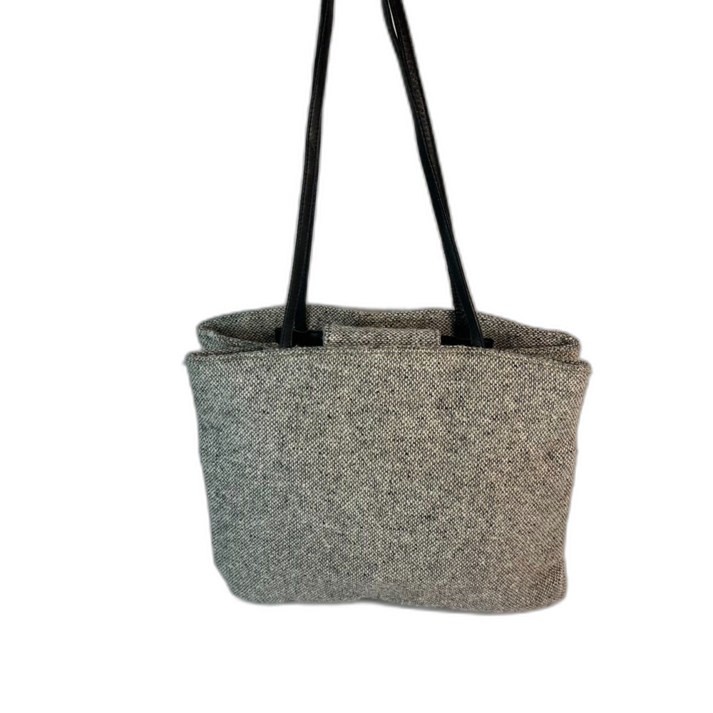 Orvis Women's Black Gray Wool Tweed Black Leather Strap Vintage Handbag